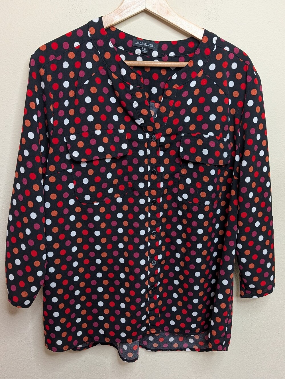 Notations Black Multi-Color Polka Dot Button Front Blouse Size XL Long Sleeve